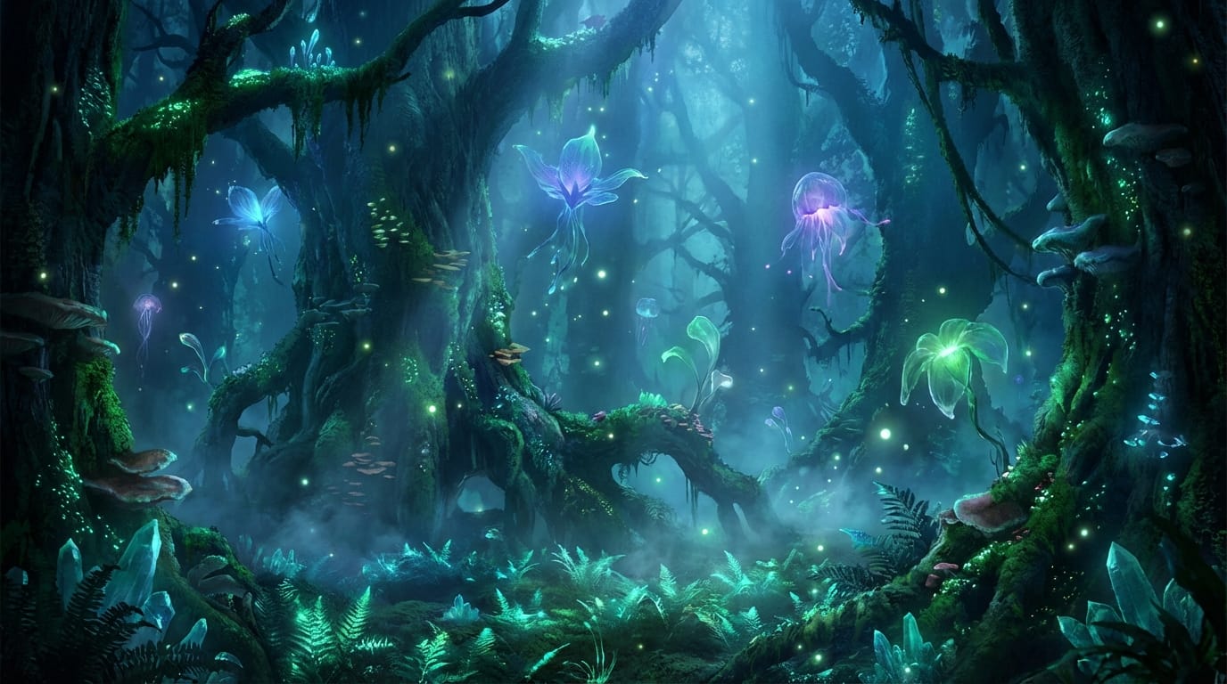 Cinematic shot of a glowing mystical forest with floating luminous plants, deep blue and emerald green color palette, ethereal mist, soft glowing particles in the air, highly detailed, fantasy style, 4k resolution