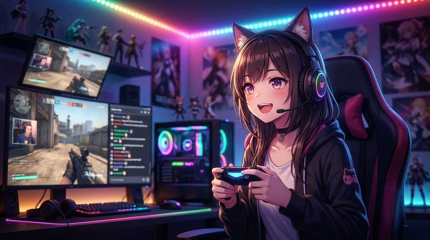 ゲーミングルームで配信をしている猫耳のVTuberの女の子、ヘッドセットを着用、楽しそうにゲームのコントローラーを握っている、背景にはカラフルなLEDライトとモニター、アニメ調の映画のような光と影の質感、被写界深度による背景のボケ量、高品質なイラスト