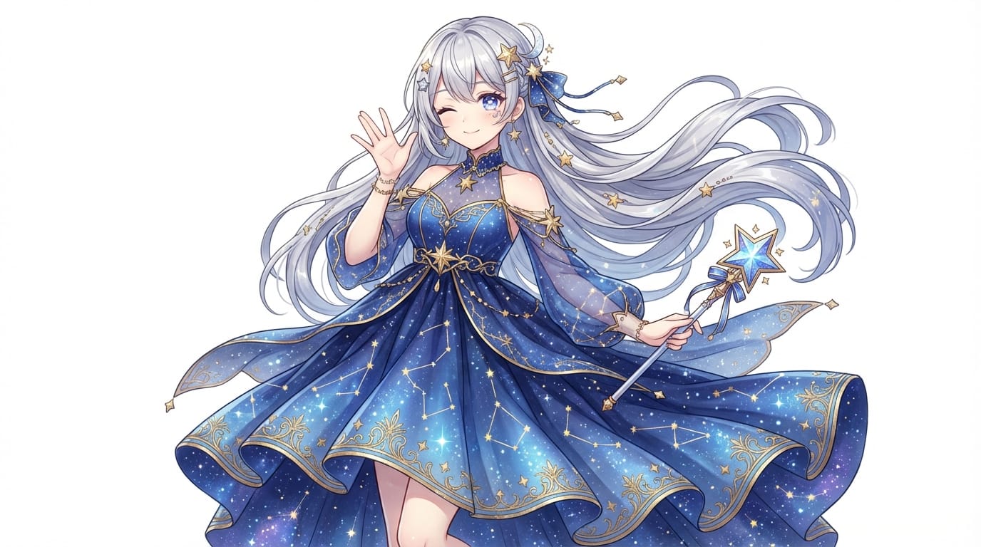 星空をテーマにした魔法少女風のVTuberアバターの全身立ち絵、紺色と金を基調とした星柄のドレス、流れるような銀色のロングヘア、星型のヘアピン、キラキラとした瞳、ウインクして手を振るポーズ、白い背景、アニメ調の繊細な塗り、高解像度