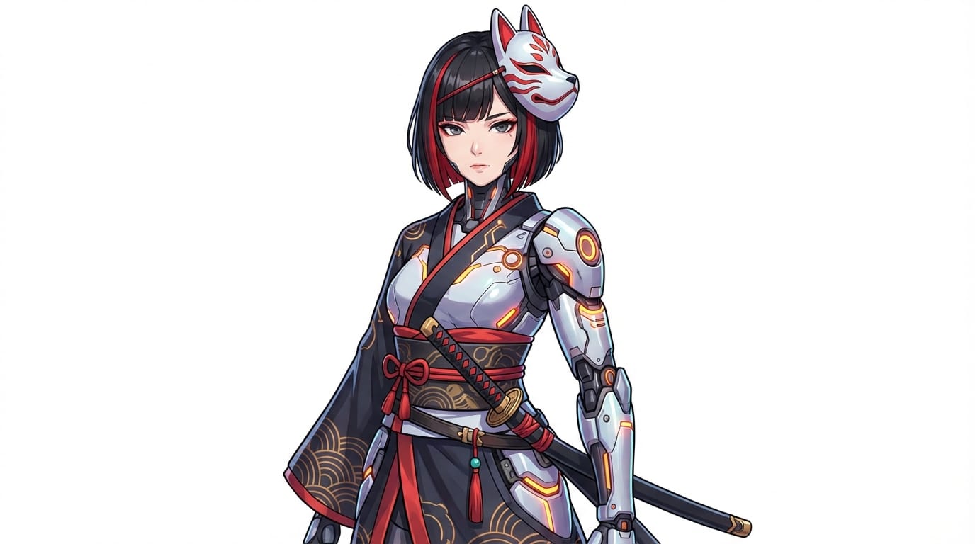 和風サイバーパンクの女性VTuber、着物とメカニカルなパーツを組み合わせた衣装、狐のお面を頭につけている、黒髪のボブカット、赤いメッシュ、刀を腰に差している、凛とした表情、白い背景、高精細なキャラクターデザイン、アニメ調のクリアな描写