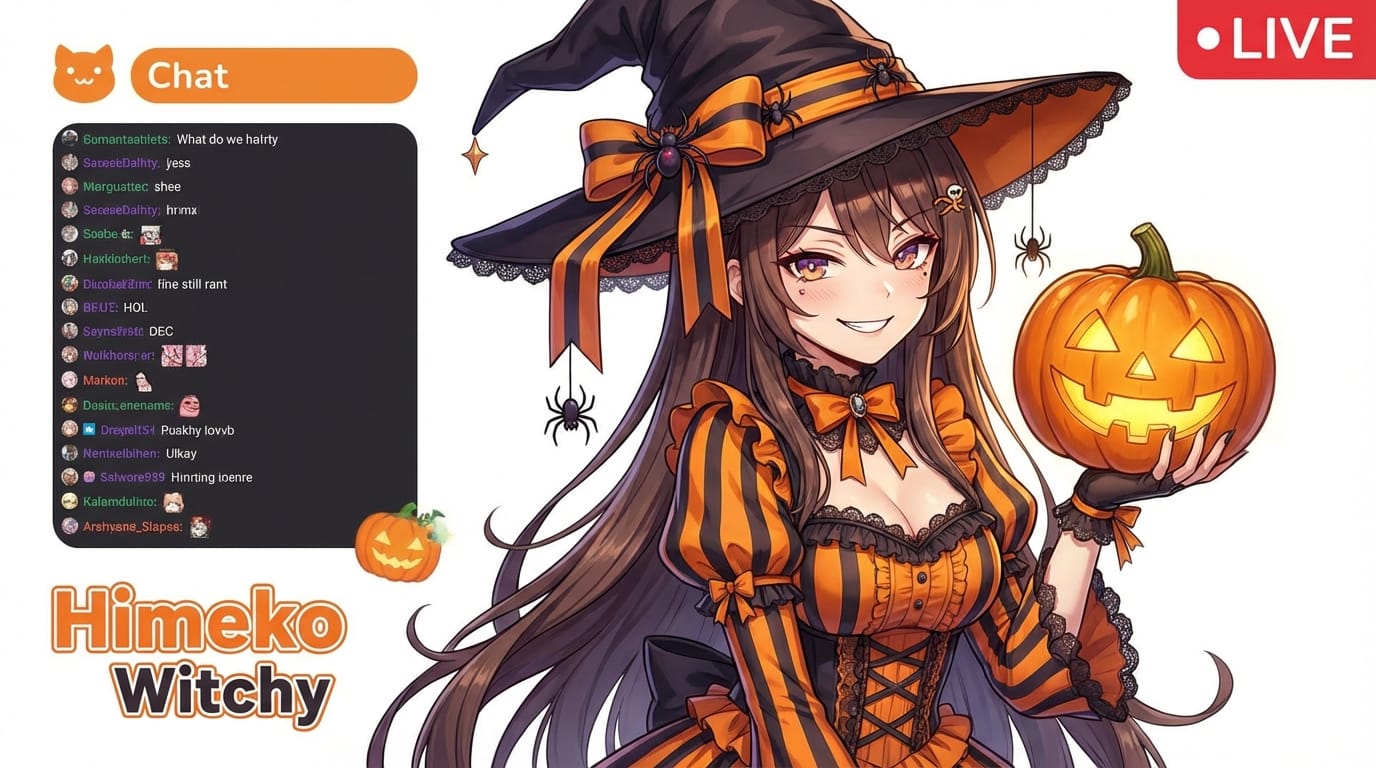 ハロウィンテーマの魔女の衣装を着たVTuber、オレンジと黒のストライプのドレス、大きな魔女の帽子、ジャック・オ・ランタンを抱えている、いたずらっぽい笑顔、白い背景、キャラクターの一貫性を維持、高解像度のアニメ調イラスト