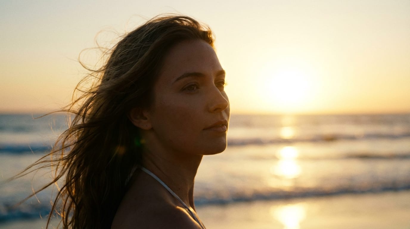 夕暮れの海辺に立つ女性のポートレート。シネマティックなライティング、被写界深度を浅く設定。カメラはゆっくりと右へパンし、海風で女性の髪が自然に揺れる。