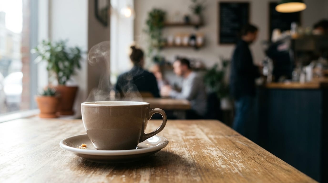 35mmレンズで撮影されたカフェのテーブル。湯気の立つコーヒーカップにフォーカス。背景の小道具は美しくボケている。窓からの自然光が差し込み、カメラはゆっくりと被写体にズームインする。