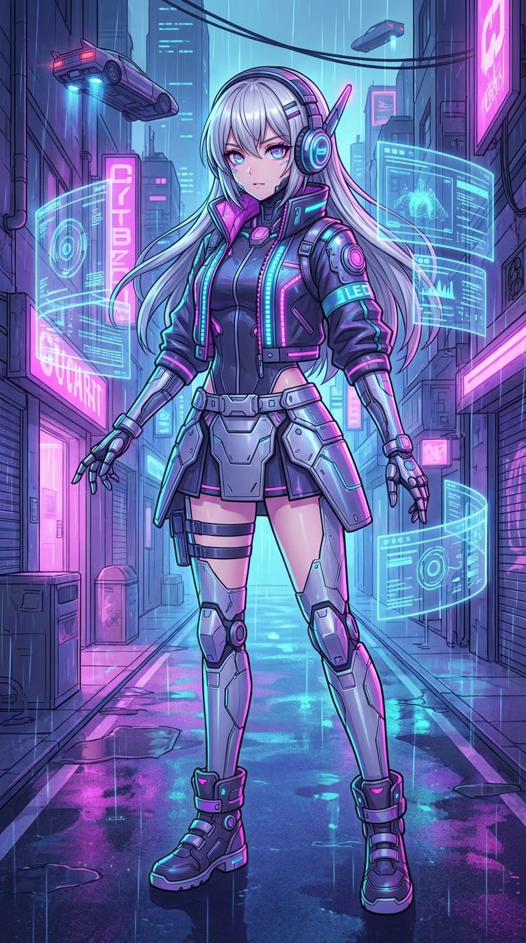 サイバーパンク風のVtuber立ち絵、全身、鮮やかなネオンカラー、ヘッドホンをつけた銀髪の少女、高解像度、クリーンな線画、繊細で緻密なアニメ調表現 --ar 9:16 --niji 6