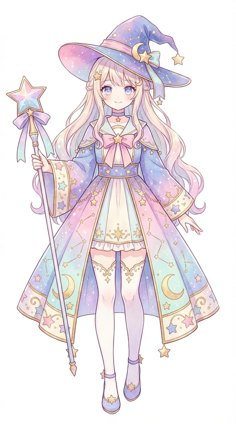 魔法使いのVtuber立ち絵、全身、星のモチーフの衣装、パステルカラー、高解像度、繊細なアニメ調表現、白い背景 --ar 9:16 --niji 6