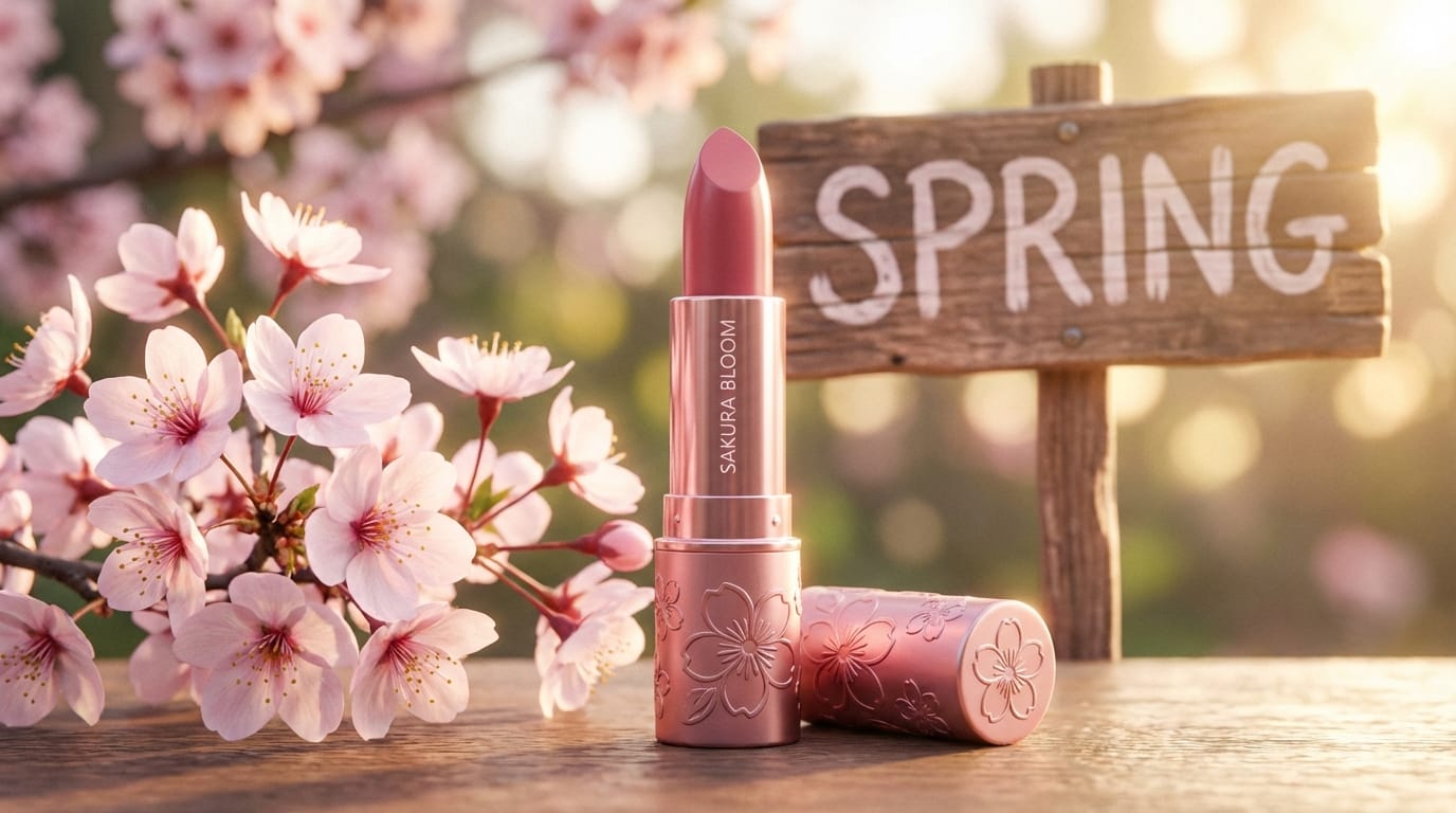 春の新作コスメ、桜の横に置かれたピンク色のリップスティック、自然光、柔らかなボケ量、プロフェッショナルな商品撮影、Instagram向けの高画質写真、"SPRING"という文字が背景の看板に書かれている --v 6.0