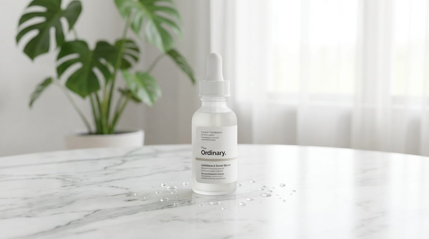 高級感のある大理石のテーブルの上に置かれたスキンケアボトル、背景に観葉植物、水滴、清潔感のあるライティング、プロフェッショナルな広告写真、被写界深度 --v 6.0