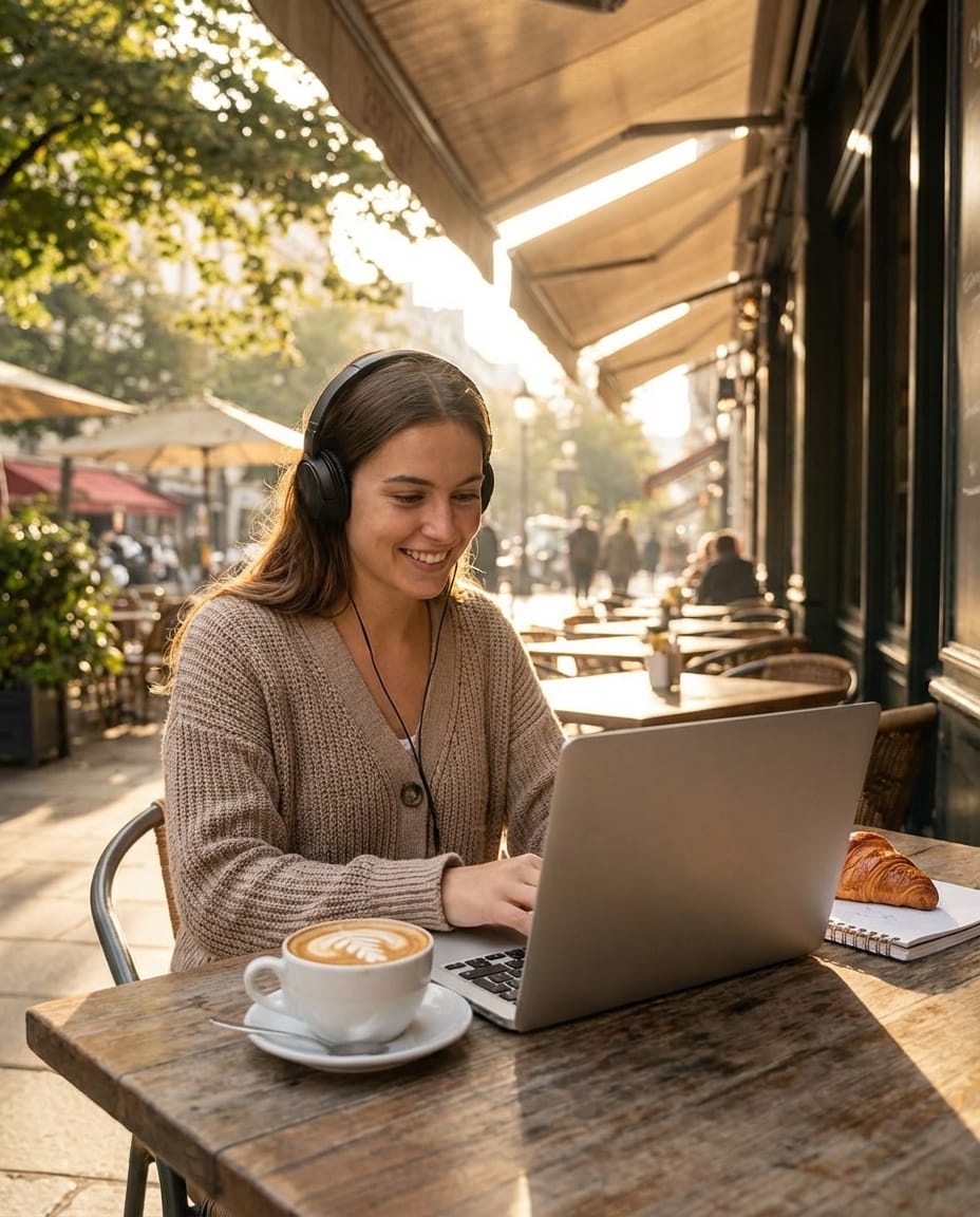 カフェのテラス席でノートパソコンを開いて仕事をする若い女性、手元にラテアートのあるコーヒー、朝の爽やかな光、シネマティックな照明、ライフスタイル写真、SNS向け縦長画像 --ar 4:5 --v 6.0