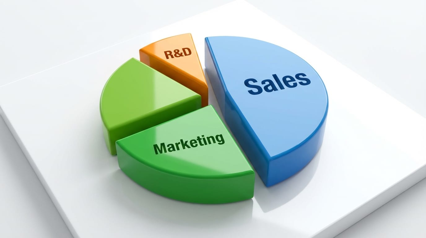 提供された手書きの円グラフのラフ案を基に、プロフェッショナルなビジネスプレゼン用の3Dインフォグラフィックを作成。各セクションに「Sales」「Marketing」「R&D」のテキストをクリアなモダンフォントで配置。クリーンな白背景。