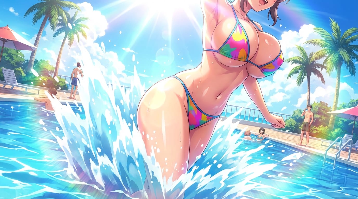 1人のアニメ調のキャラクター、水着、プールサイド、水しぶき、夏の強い日差し、誇張されたボディライン、ダイナミックなアングル、鮮やかな色彩、高解像度