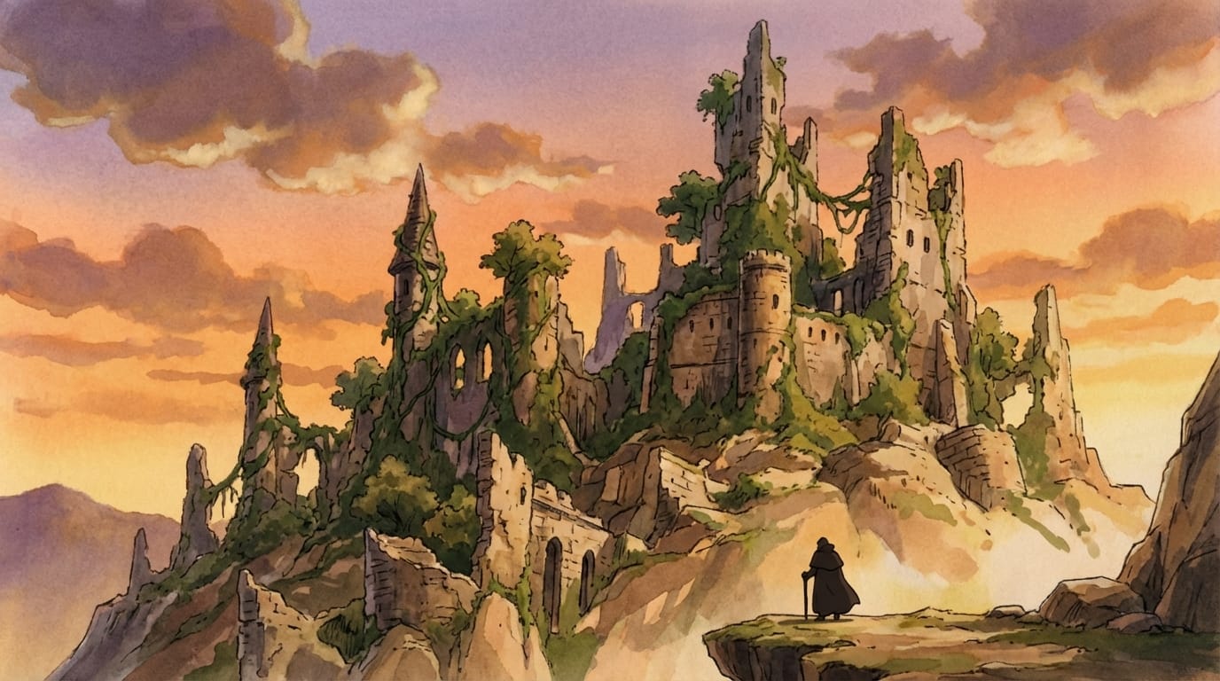 1990s fantasy anime style, an extreme wide shot of a massive ancient ruined castle overgrown with vines, a tiny silhouette of a traveler standing in the foreground looking up at it, majestic and nostalgic atmosphere, warm sunset lighting, traditional animation background art, painterly clouds