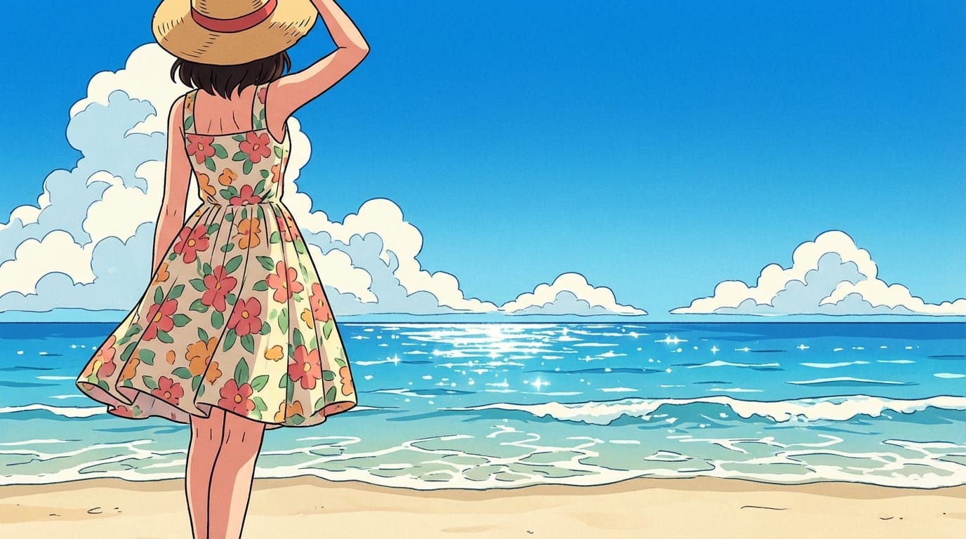 1990s classic anime style, a beautiful girl in a retro summer dress standing on a beach, looking at the ocean, lower half of the image features the character, the entire upper half is a clear blue summer sky with light fluffy clouds, perfect for typography, cel shaded, vibrant retro colors