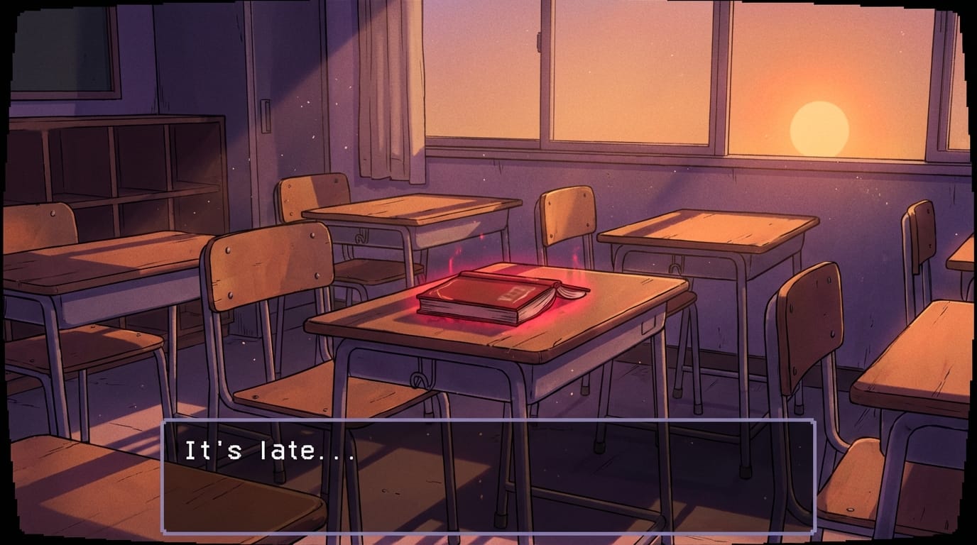 2000s early anime style, an empty classroom at twilight, a single wooden desk with a mysterious glowing red book on it, long shadows cast by the setting sun, dust particles in the air, nostalgic and slightly eerie atmosphere, retro visual novel background, film grain