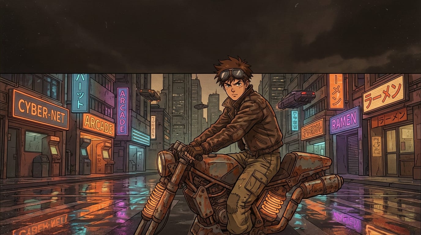 1990s anime style, a young male protagonist with goggles resting on his forehead, sitting on a rusted hoverbike in a cyberpunk city street, neon lights reflecting on the wet ground, retro sci-fi aesthetic, cel shading, warm color tone, looking directly at the viewer, empty dark sky at the top for logo