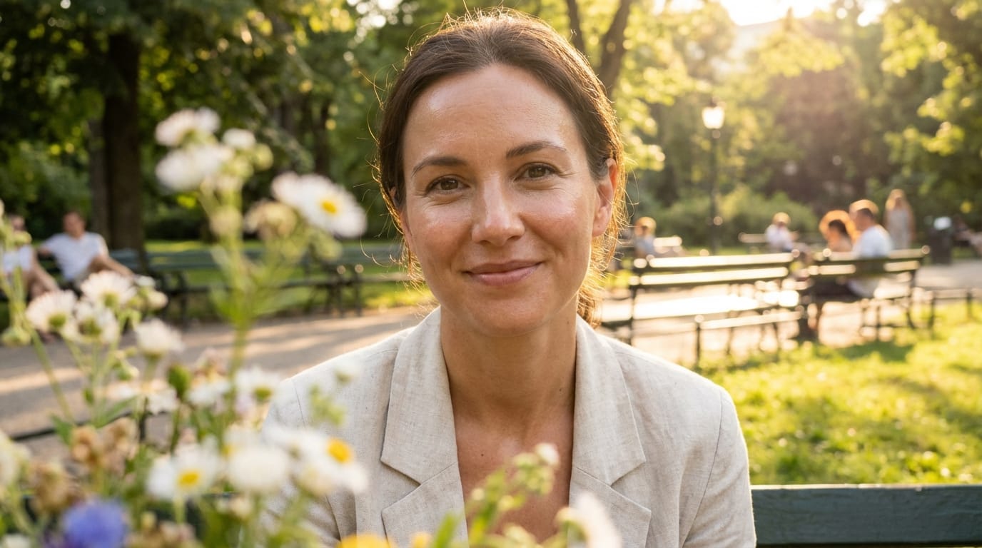 晴れた日の公園で微笑む女性のポートレート、手前のオブジェクトを使った前ボケ、自然な肌の質感、明るく穏やかな雰囲気、高解像度の写真