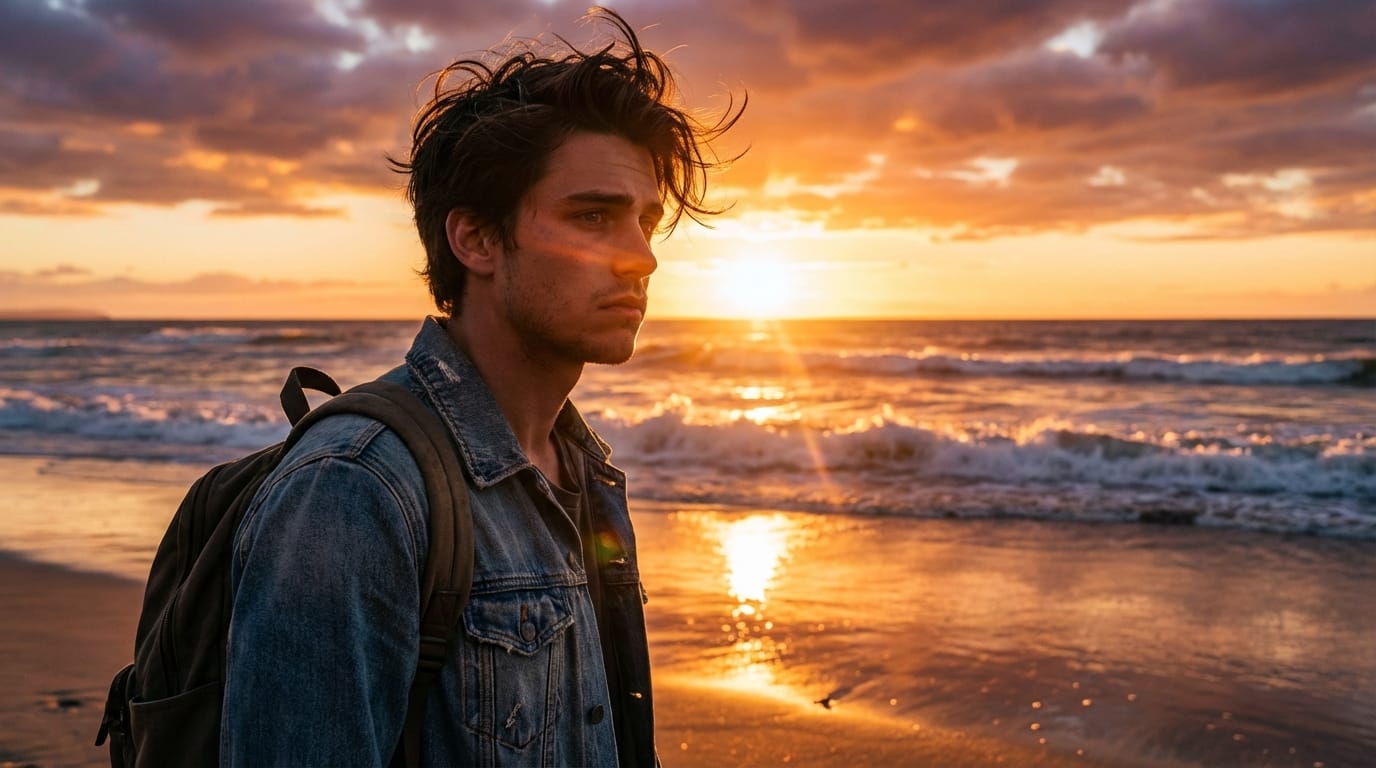 Cinematic portrait of a young man walking on the beach at sunset, orange sunlight, wind blowing hair, deep emotional expression, dynamic lighting, realistic photography