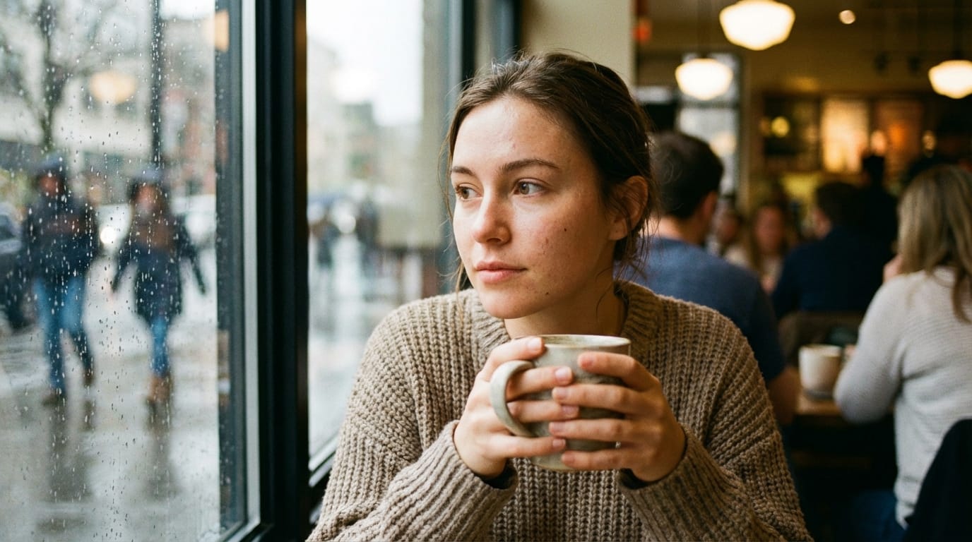 A high-quality portrait photography of a beautiful young woman sitting by a cafe window, soft natural lighting, shallow depth of field, realistic skin texture, highly detailed, 8k