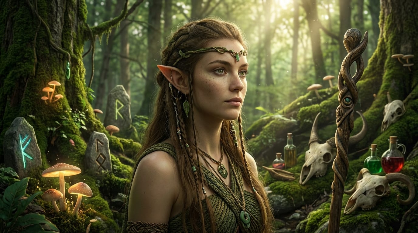 ファンタジーの世界観を持つ森の中のポートレート、木漏れ日、神秘的な雰囲気、エルフのような耳を持つ人物、緻密な背景の小道具、高画質