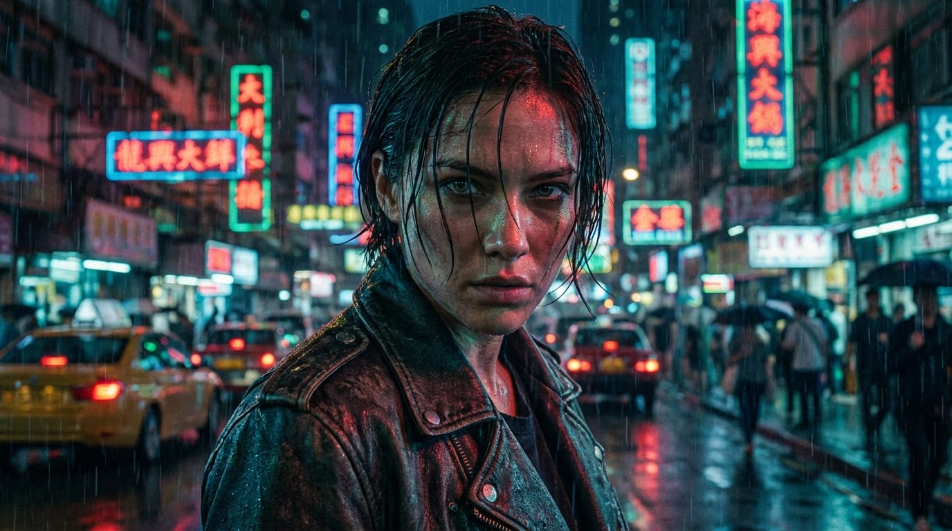 夜の都市を背景にしたクールな印象のポートレート、ネオンサインの光が顔に当たる、シャープな目元、実写的なリアルさ、映画のようなカラーグレーディング