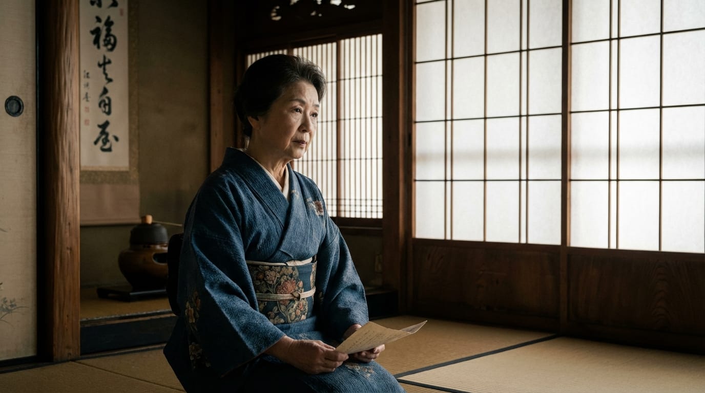 伝統的な和室で和服を着た人物のポートレート、障子越しに入る柔らかな光、落ち着いた色調、繊細なディテール、静止画による物語性の提示
