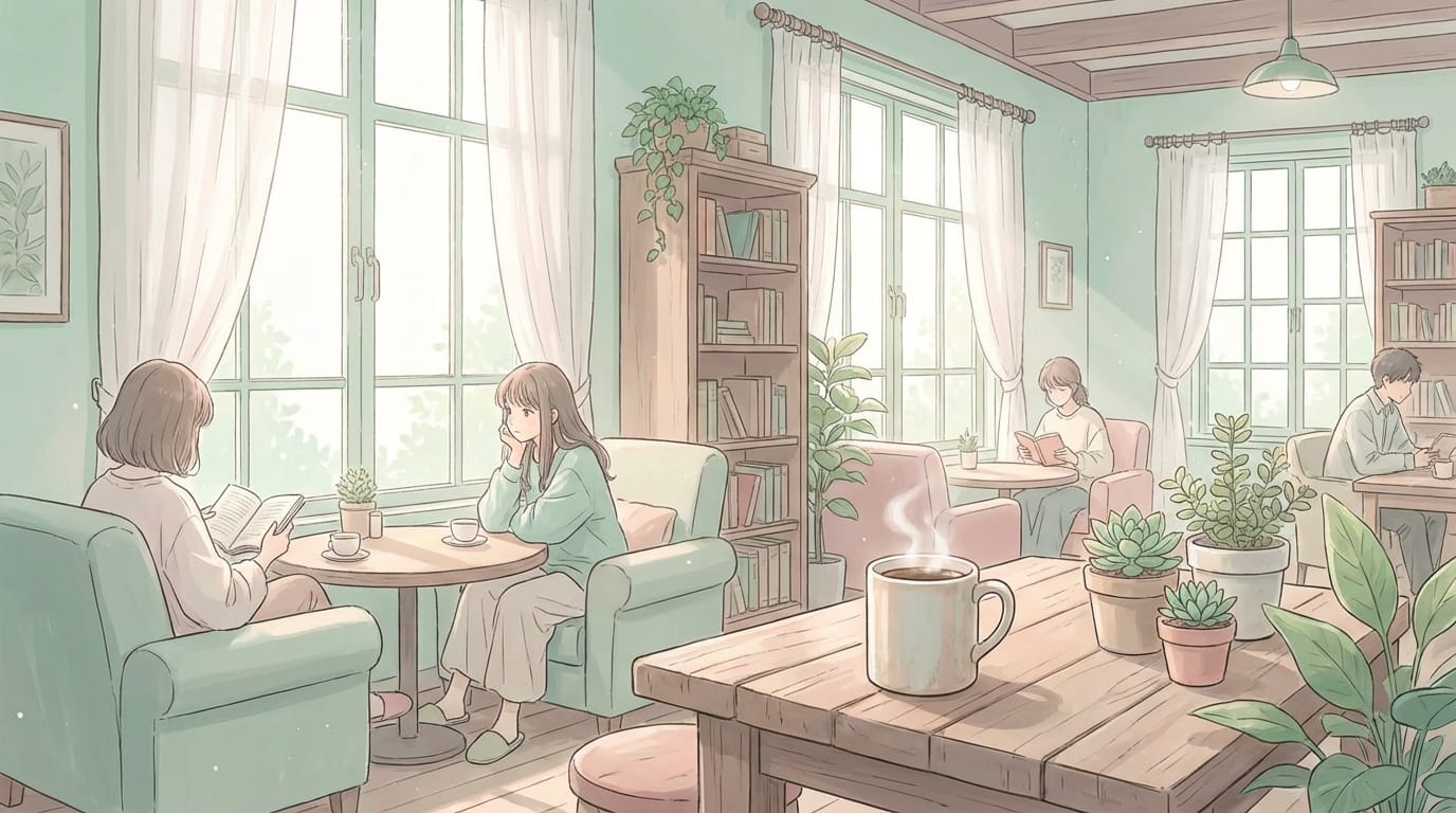 A peaceful and cozy cafe interior in the morning, soft diffused sunlight shining through large windows, gentle pastel color palette, low contrast. A warm cup of coffee on a wooden table, small potted plants. Relaxing and healing atmosphere, delicate and highly detailed, 4k resolution, anime style illustration.