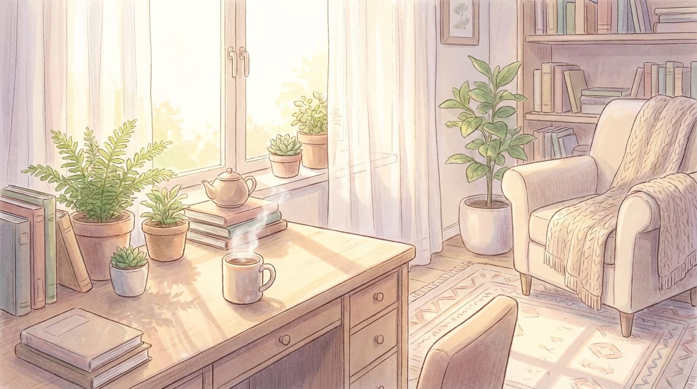 A cozy, soothing anime-style illustration of a quiet room in the late afternoon. Soft, diffused sunlight filtering through sheer white curtains. A cup of warm tea on a wooden desk, surrounded by potted green plants. Pastel color palette, low contrast, gentle and peaceful atmosphere, highly detailed, 4k resolution.