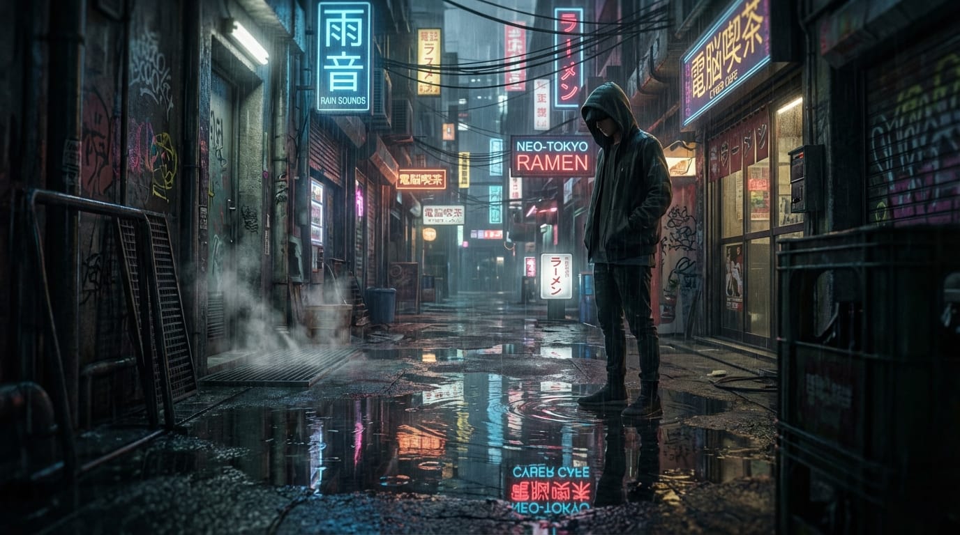サイバーパンク都市の路地裏、雨上がり、ネオンサインの反射、水たまり、フードを被ったミステリアスな青年、シネマティックライティング、被写界深度（ボケ量）が浅い、実写的なリアルさを持つアニメ調