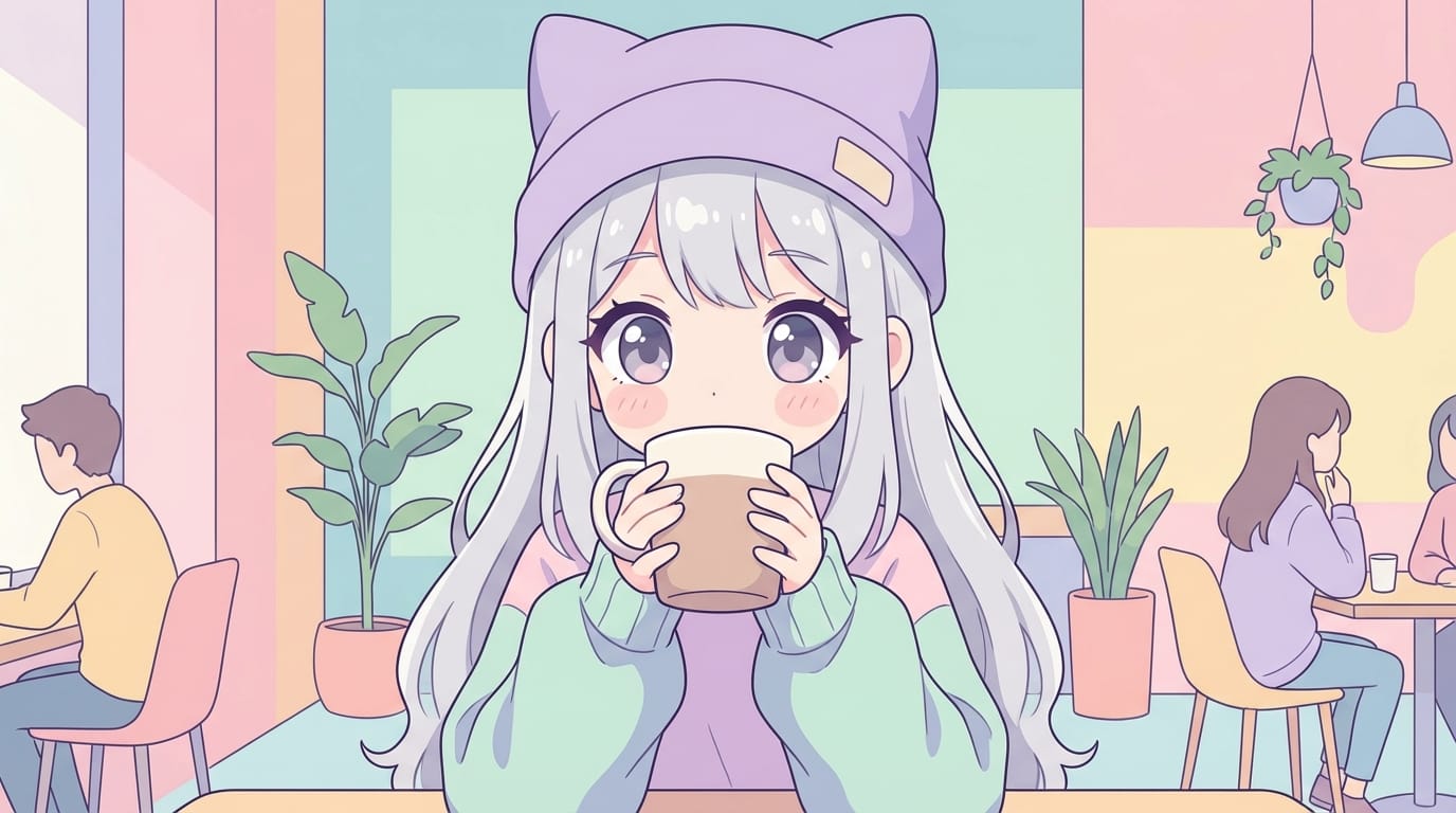 デフォルメされた可愛いアニメキャラクター、カフェでコーヒーを飲む銀髪の少女、大きな目、パステルカラー、フラットな塗り、シンプルな背景、スナップショット