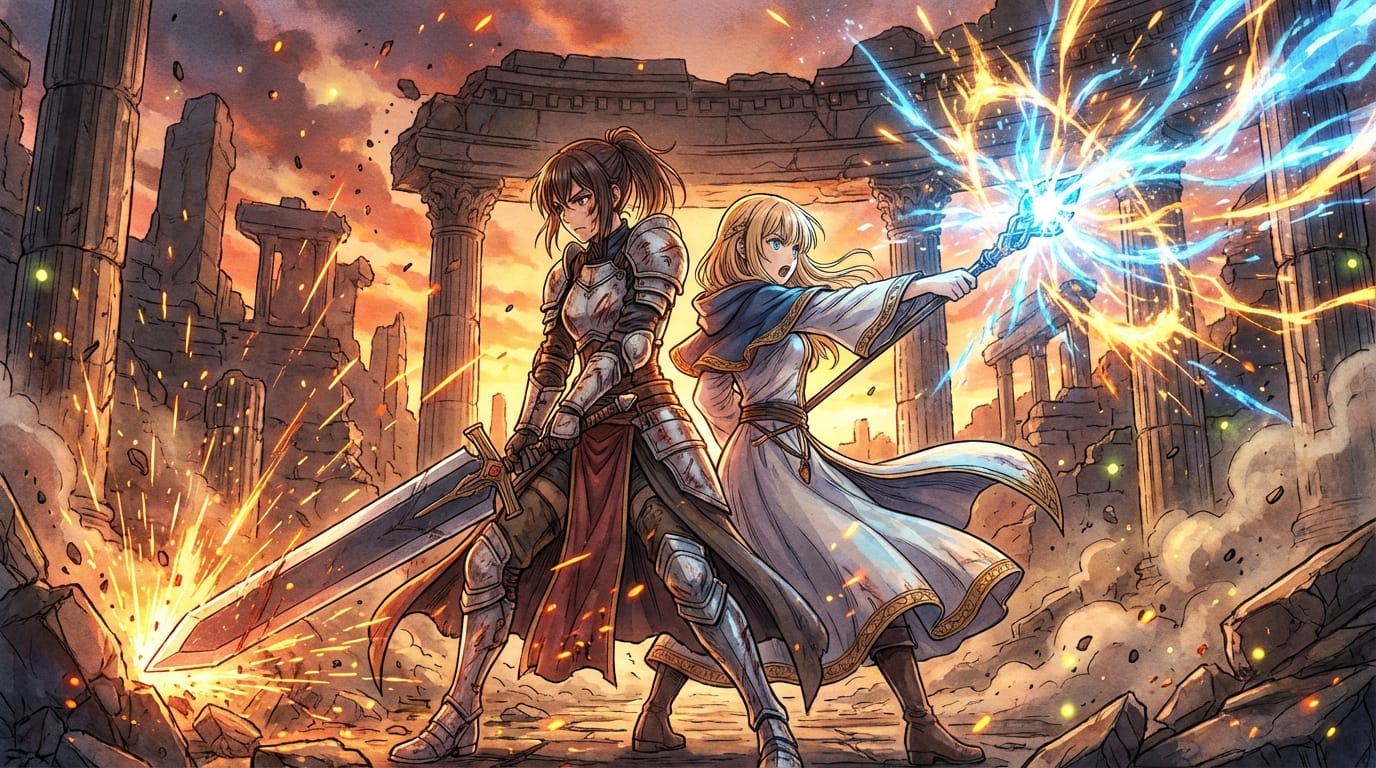 1人の剣士の少女と1人の魔法使いの少女、背中合わせで立つ、激しい戦闘シーン、魔法の光るエフェクト、舞い散る火の粉、崩れかけた古代遺跡の背景、ハイコントラストなライティング、繊細で緻密なアニメ調表現、高画質、傑作