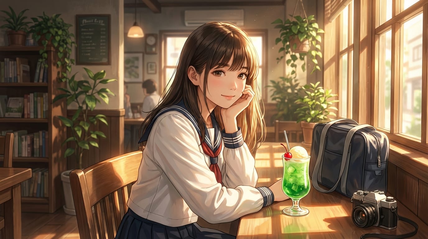 セミリアルなアニメ調、カフェの窓際に座る女子高生、セーラー服、頬杖をついて微笑む、午後の柔らかな日差し、テーブルに置かれたクリームソーダ、シネマティックな構図、高品質