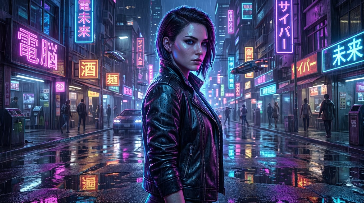 元画像のキャラクターのポーズを保持、サイバーパンクなネオン街の背景を追加、雨上がりの路面の反射、革のジャケットの質感向上、リムライト、8k解像度