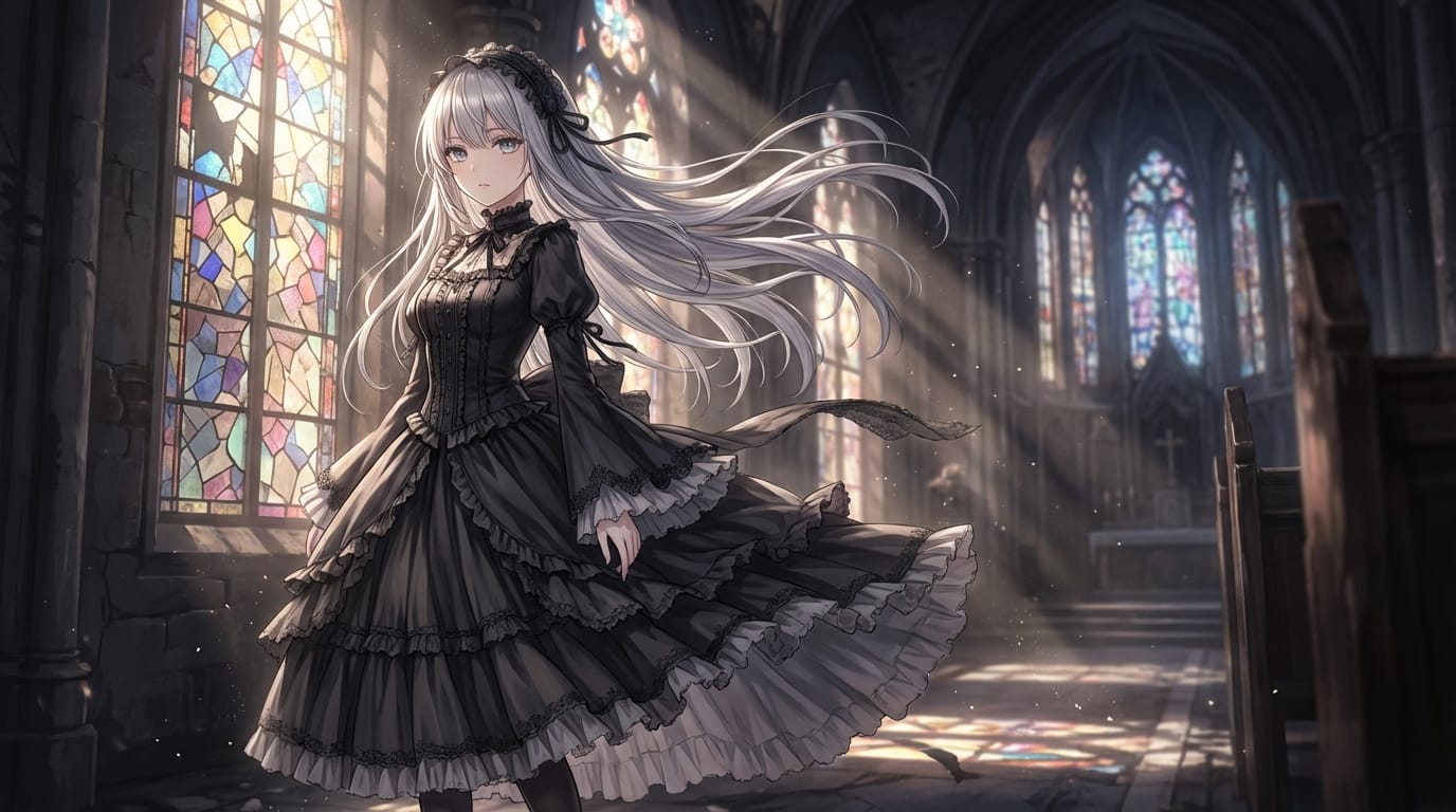 繊細で緻密なアニメ調表現、美しい少女、長い銀髪、風になびく髪、精巧なフリルのついたゴシックドレス、廃墟の教会、ステンドグラスから差し込む光、ドラマチックなライティング、被写界深度、傑作、高解像度