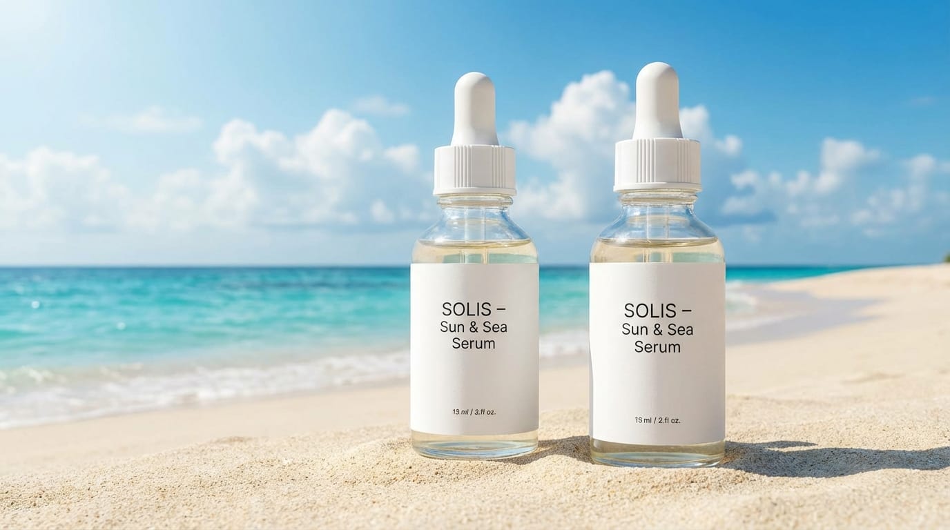 シンプルなスキンケアボトルの商品写真、背景を夏らしい青空と海辺の砂浜に変更、爽やかな自然光、高品質な広告ビジュアル