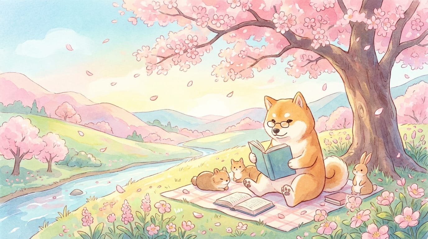 桜の木の下で読書をする柴犬、春の暖かな日差し、パステルカラーの優しい色合い、イラスト風表現