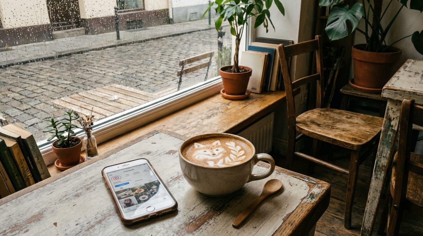 居心地の良いカフェの窓際、テーブルの上に置かれたラテアートとスマートフォン、朝の自然光、おしゃれな雰囲気、SNS向けの写真