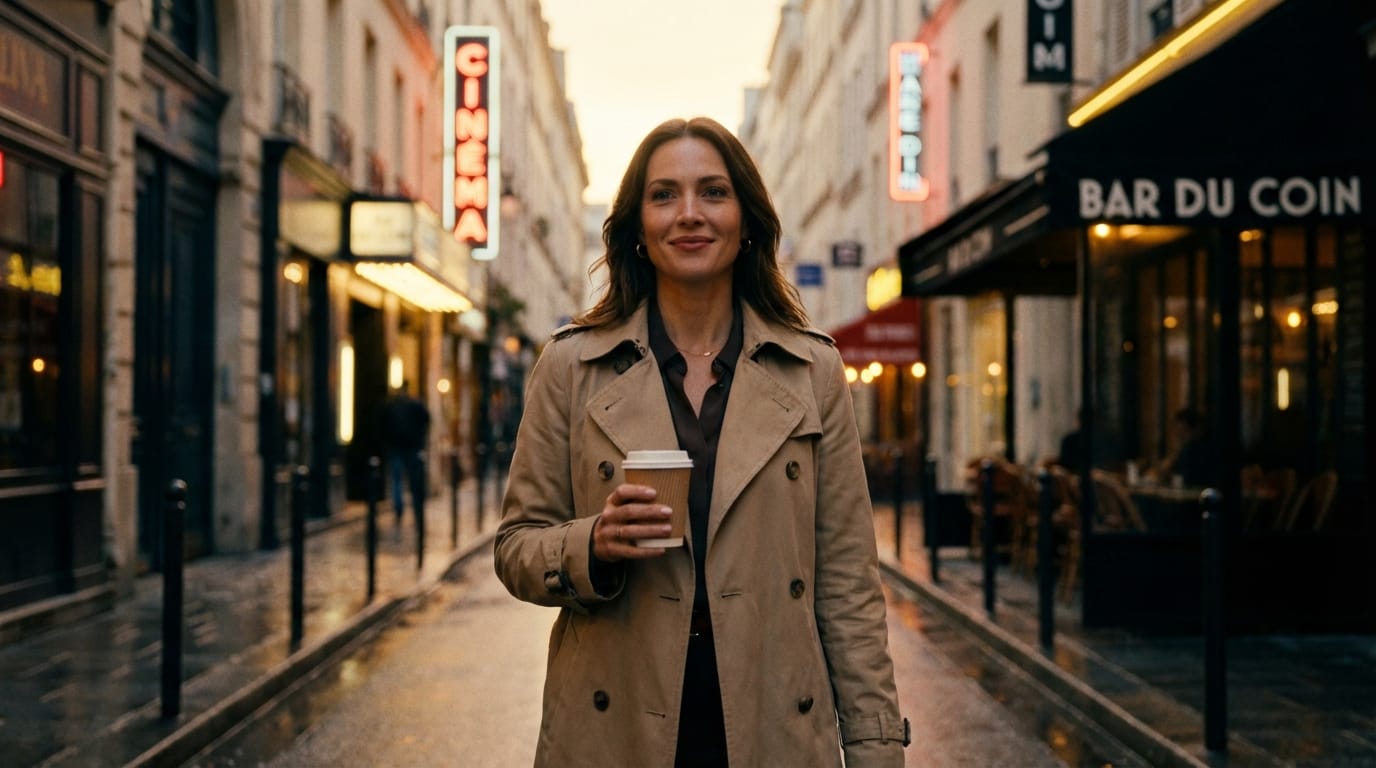 シネマティックドキュメンタリースタイル。夕暮れ時の洗練された都市のストリート。トレンチコートを着たスタイリッシュな女性が、コーヒーカップを片手に自信に満ちた足取りで歩いています。カメラはローアングルから彼女をドリーバックで追従します。背景のネオンサインが柔らかくボケており、全体的に暖かみのあるカラーグレーディング。人物の顔立ちと衣服のディテールがシャープに保たれています。