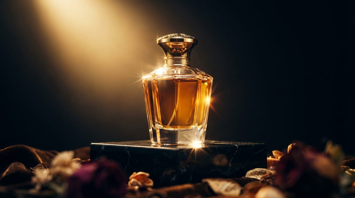 4K解像度、マクロ撮影。黒い大理石の台座の上に置かれた高級なガラスの香水瓶。背景は深く暗い空間で、アンバー色のスポットライトが瓶を斜め後ろから照らし、ガラスの屈折と光の反射のエッジがクリアになります。カメラは瓶の周囲をゆっくりと滑らかに旋回（オービット）し、手前のオブジェクトを使った前ボケがリッチな被写界深度を演出します。シネマティックな調色。