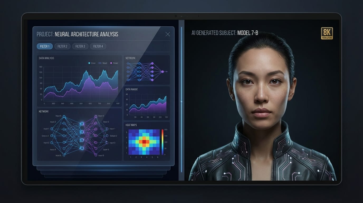 A split screen showing a complex data visualization chart on the left and a highly detailed AI generated portrait on the right, modern UI overlay, professional research concept