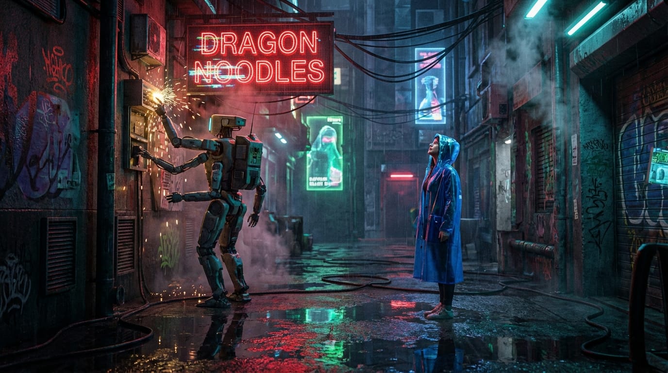 薄暗いサイバーパンク風の路地裏。左側には赤いネオンサインを修理する作業ロボット、右側にはそれを見上げる青いレインコートを着た人間の女性。地面の水たまりにはネオンの光が正確に反射している。