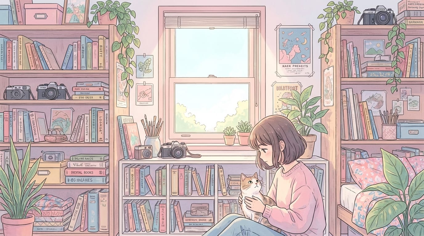 入力画像の構図を完全に維持したまま、繊細で緻密なアニメ調表現に変換。柔らかな自然光、パステルカラーのトーン、背景の小道具のディテールを強調。