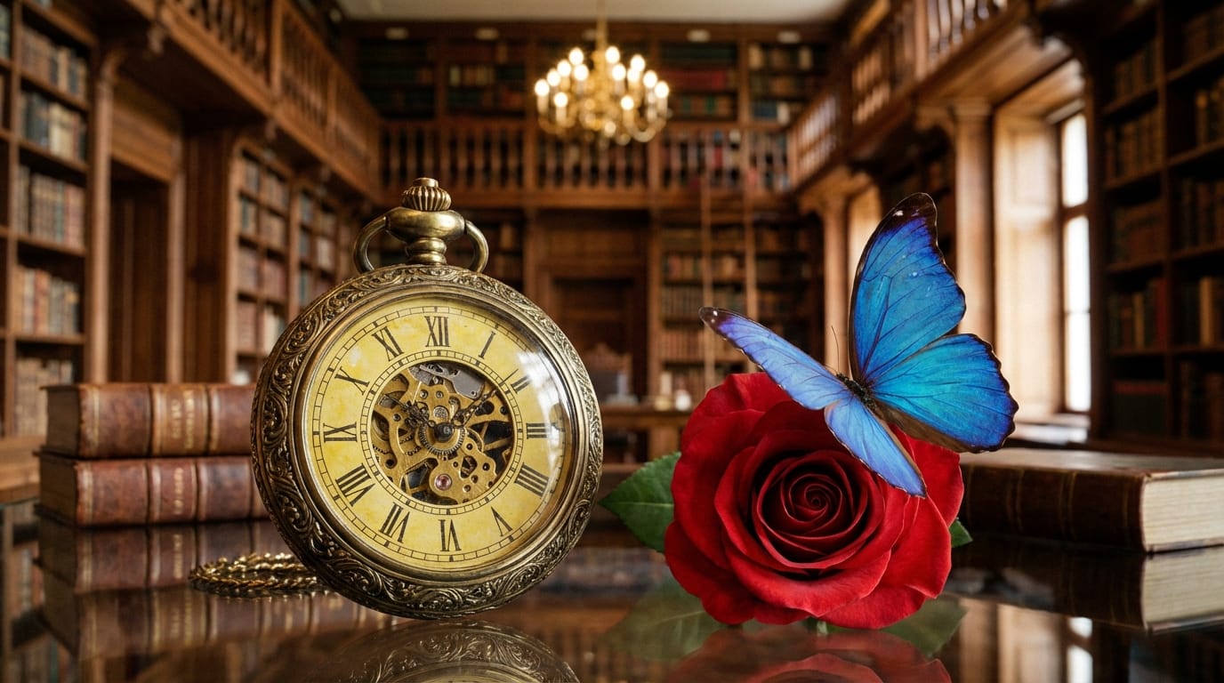 ガラスのテーブルの上に置かれたアンティークの懐中時計。時計の隣には青い蝶が止まっている赤いバラ。背景は被写界深度（ボケ量）が深いヨーロッパの古い図書館。