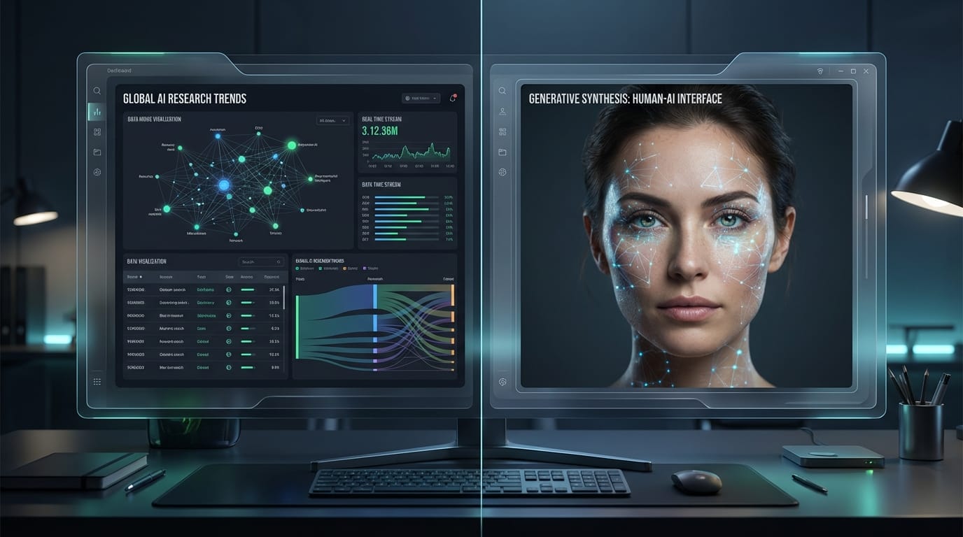 A split screen showing a complex data visualization chart on the left and a highly detailed AI generated portrait on the right, modern UI overlay, professional research concept