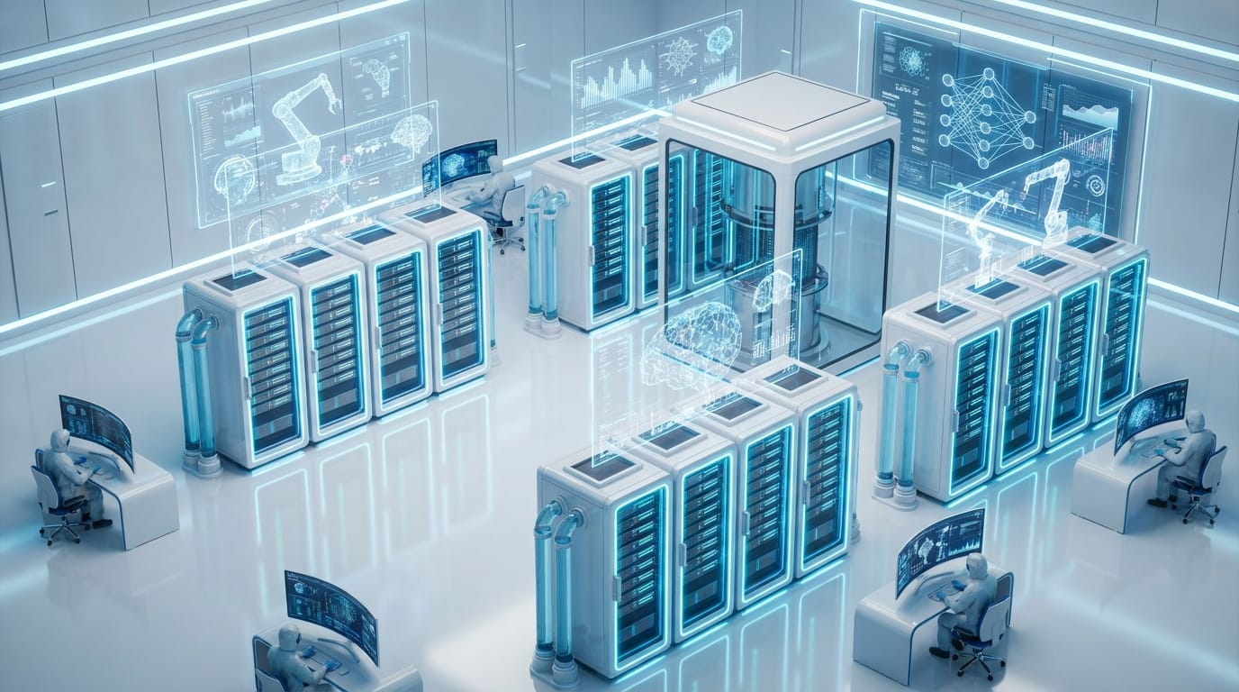 A highly detailed isometric view of a futuristic AI research laboratory, showing glowing holographic data floating above servers, clean white and neon blue color palette, realistic rendering, 8k resolution