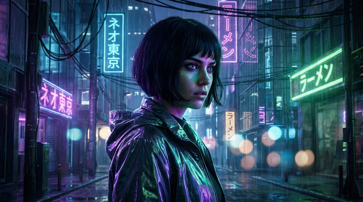 近年の人気作品に見られる繊細な画風、サイバーパンク風の街角に立つショートヘアの女性、ネオンライトの反射、シャープな目の描写、被写界深度（ボケ量）を活かしたシネマティックな構図、8k、高画質
