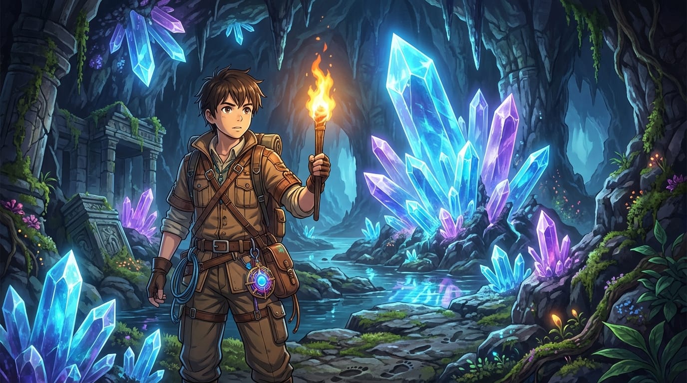 ファンタジー世界、巨大なクリスタルが輝く地下洞窟、探検家の服装をした青年が松明を持っている、繊細で緻密なアニメ調表現、光の反射などのエッジがクリアになります、背景の小道具まで詳細に描写、シネマティックライティング