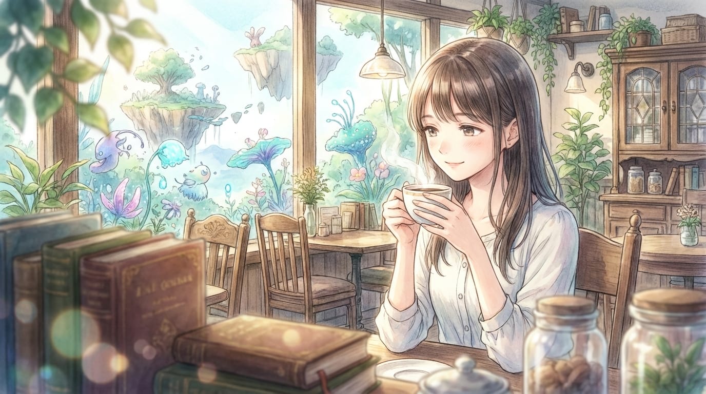 繊細なアニメ調表現、カフェでコーヒーを飲む女性、窓からの自然光、現実とファンタジー表現の境界にあるような背景、手前のオブジェクトを使った前ボケ、高品質、傑作