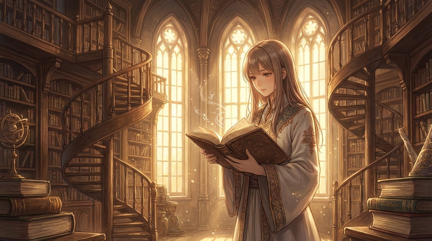 近年の人気作品に見られる繊細な画風、静かな図書館で古い魔導書を読む少女、窓から差し込む夕日、埃が光に反射している、物語性の提示、シャープなディテール、ファンタジーのコンセプトアート