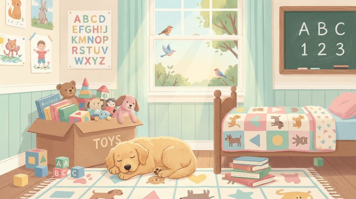 温かみのある子供部屋、おもちゃ箱の横で眠る子犬、窓からの朝の光、パステルカラー、教育的で心温まる雰囲気、フラットなイラスト調、絵本の挿絵