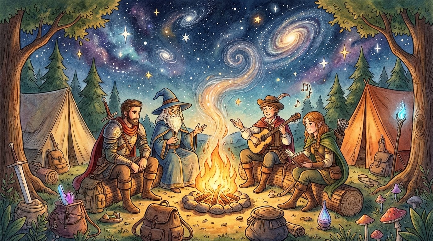 手描き感のあるリッチな画風、星空の下でキャンプファイアを囲む冒険者たち、炎の暖かな光、夜空の星々、絵本のような優しいタッチ、物語のワンシーン、高解像度のイラストレーション