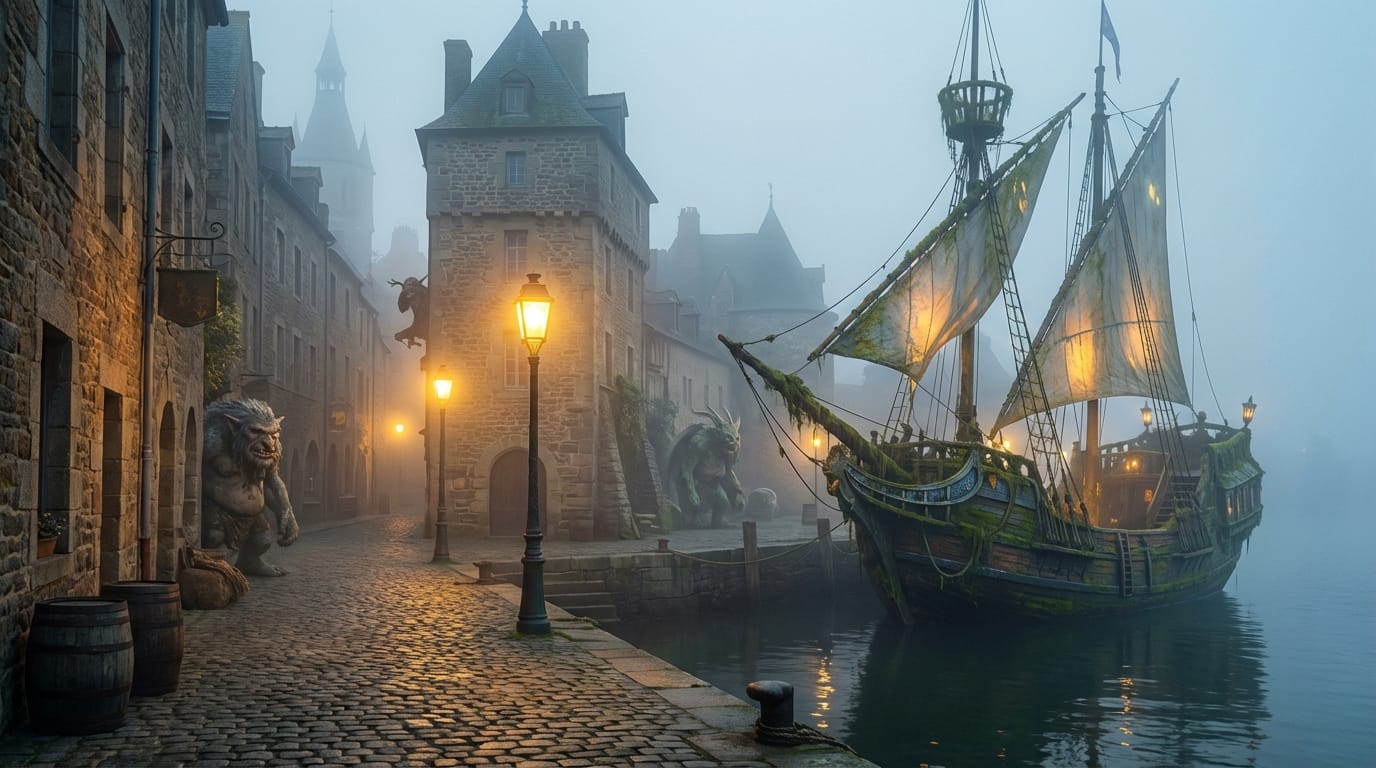 現実とファンタジー表現の境界にある風景、霧が立ち込めるヨーロッパ風の古い港町、石畳の道、ガス灯の明かり、シネマティックな構図、被写界深度の深い画面、重厚な塗り、ロケーション特有のディテール